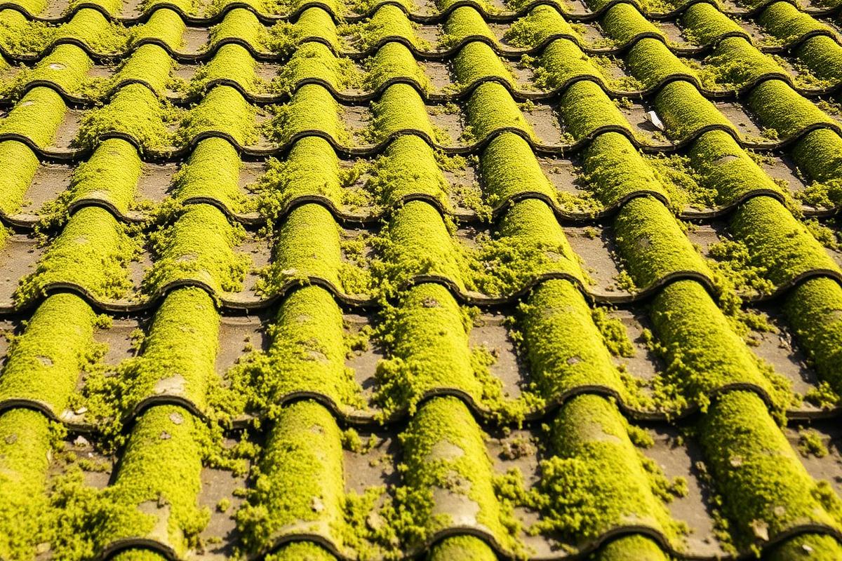 Avant : toiture envahie de mousse avant et après démoussage
